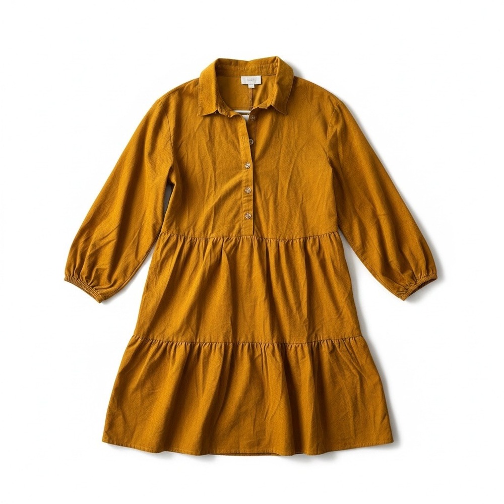 Mustard Corduroy Tiered Shirt Dress Balloon Sleeve Cottagecore Mini S
